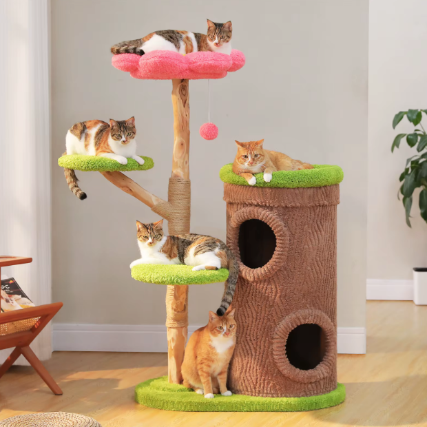 Arbre à chat multi-niveaux style tronc avec niches et plateformes