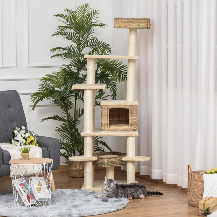 Arbre à chat 174 cm avec niche, plateformes et poteaux sisal