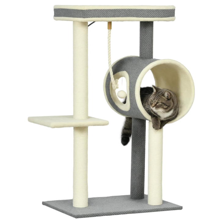 Arbre à chat avec tunnel, plateformes et poteaux sisal – 104 cm