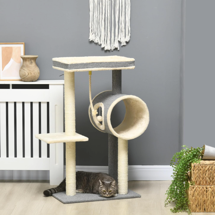 Arbre à chat avec tunnel, plateformes et poteaux sisal – 104 cm