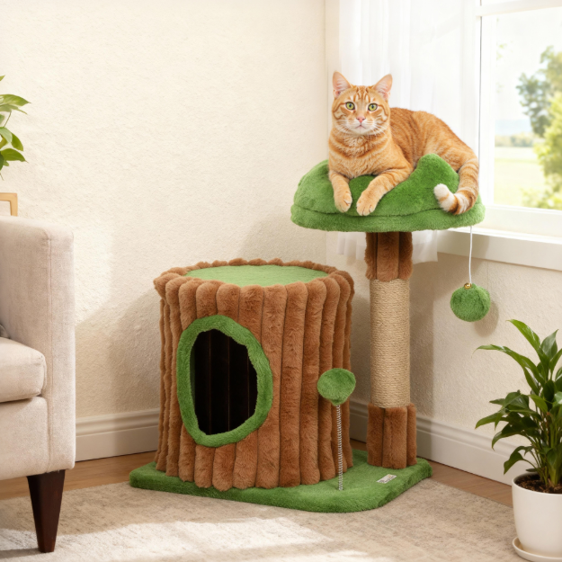 Arbre à chat avec niche cylindrique et poteau sisal – 53 cm