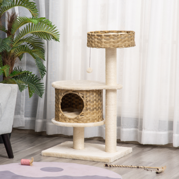 Arbre à chat avec niche rotin, plateforme et poteaux sisal – 95 cm