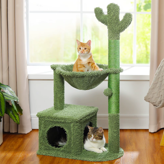 Arbre à chat cactus avec hamac, niche et poteaux sisal – 102 cm
