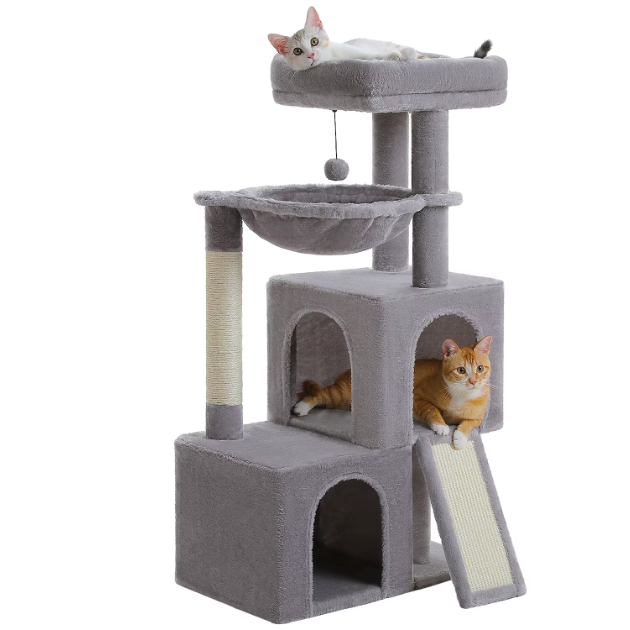 Arbre à chat multi-niveaux avec niche, hamac et rampe sisal – 100 cm