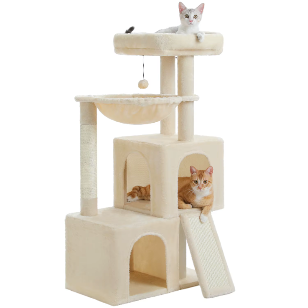Arbre à chat multi-niveaux avec niche, hamac et rampe sisal – 100 cm