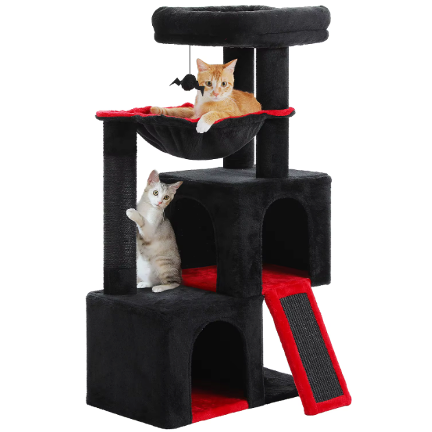 Arbre à chat multi-niveaux avec niche, hamac et rampe sisal – 100 cm