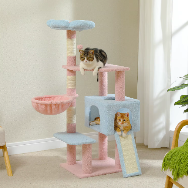 Arbre à chat multi-niveaux avec hamac, niche et rampe sisal – 120 cm