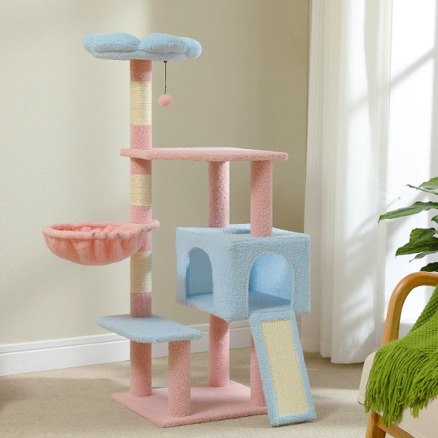Arbre à chat multi-niveaux avec hamac, niche et rampe sisal – 120 cm
