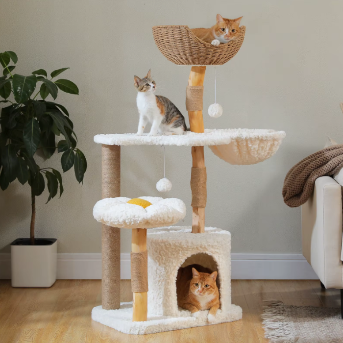 Arbre à chat multi-niveaux avec niche, hamac et panier rotin – 123 cm