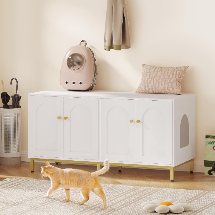 Meuble litière pour chat double compartiment blanc 119 cm