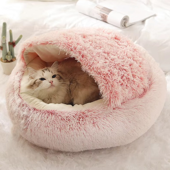 Panier chat semi-fermé en peluche avec ouverture frontale