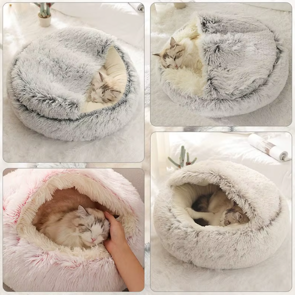 Panier chat semi-fermé en peluche avec ouverture frontale