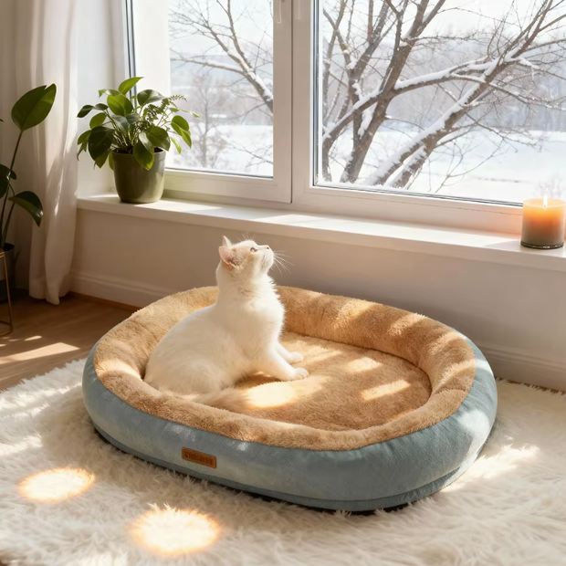 Panier ovale en peluche pour chat avec rebords