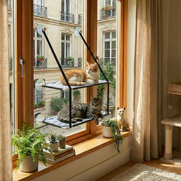 Hamac de fenêtre double étage pour chat avec ventouses 51 × 31 cm