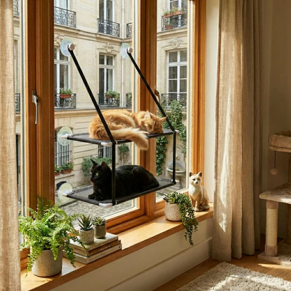 Hamac de fenêtre double étage pour chat avec ventouses 51 × 31 cm