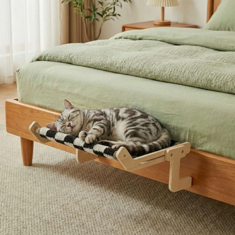 Hamac de lit pour chat avec support en bois et fixation par crochet