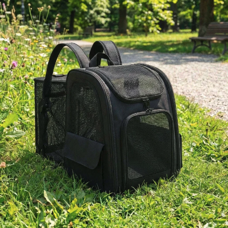 Sac à dos de transport pour chat pliable avec compartiment latéral en maille dépliable