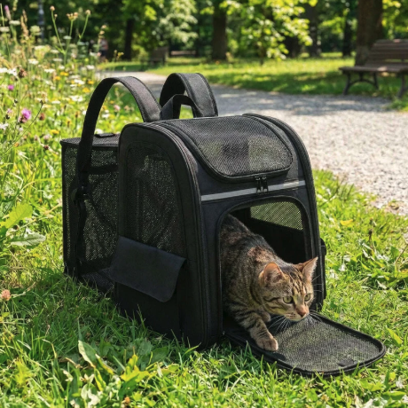Sac à dos de transport pour chat pliable avec compartiment latéral en maille dépliable