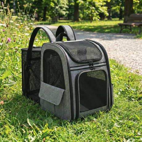 Sac à dos de transport pour chat pliable avec compartiment latéral en maille dépliable