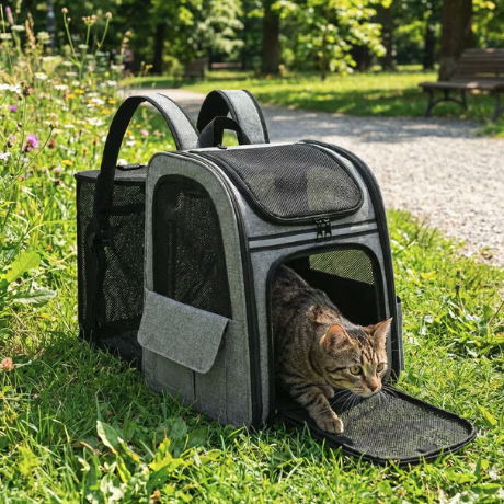 Sac à dos de transport pour chat pliable avec compartiment latéral en maille dépliable
