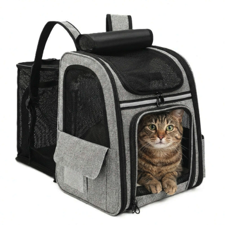 Sac à dos de transport pour chat pliable avec compartiment latéral en maille dépliable