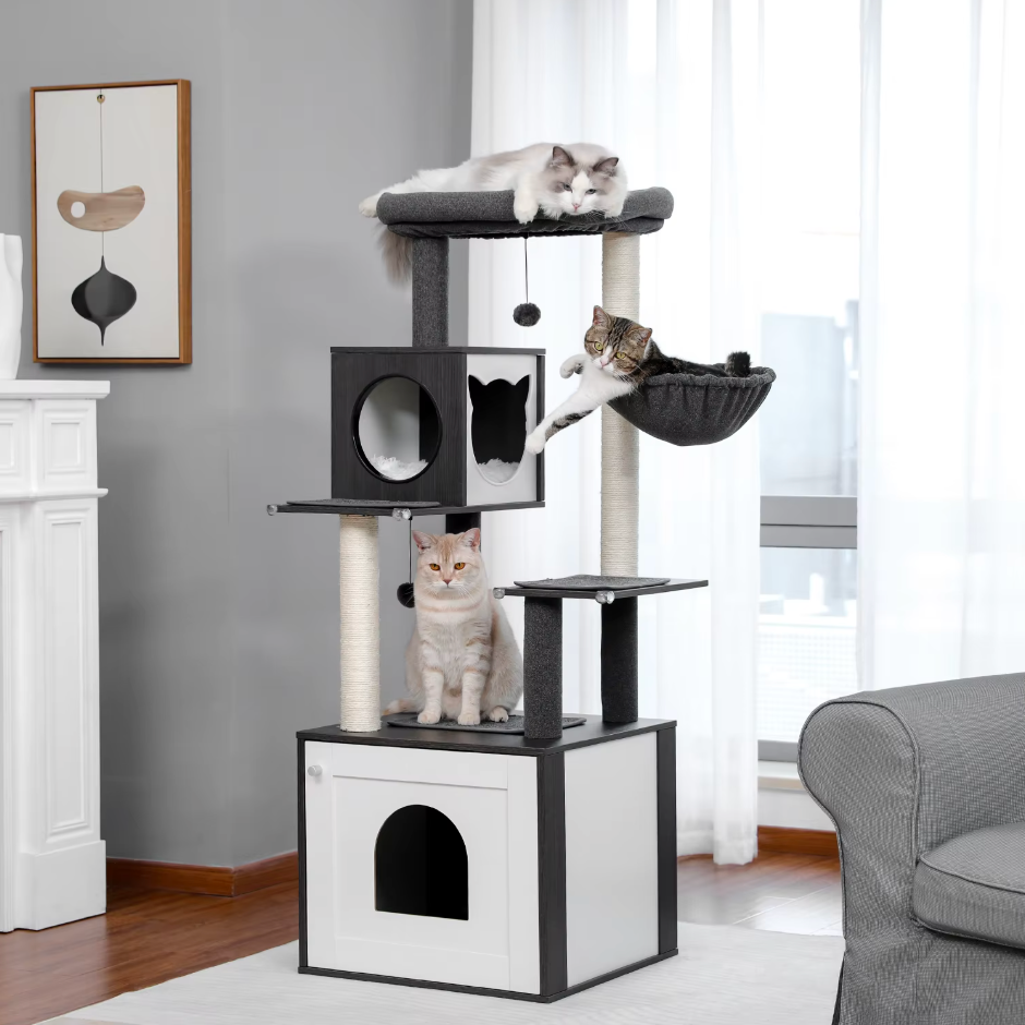 Arbre à chat en bois avec niche fermée et hamac 144 cm