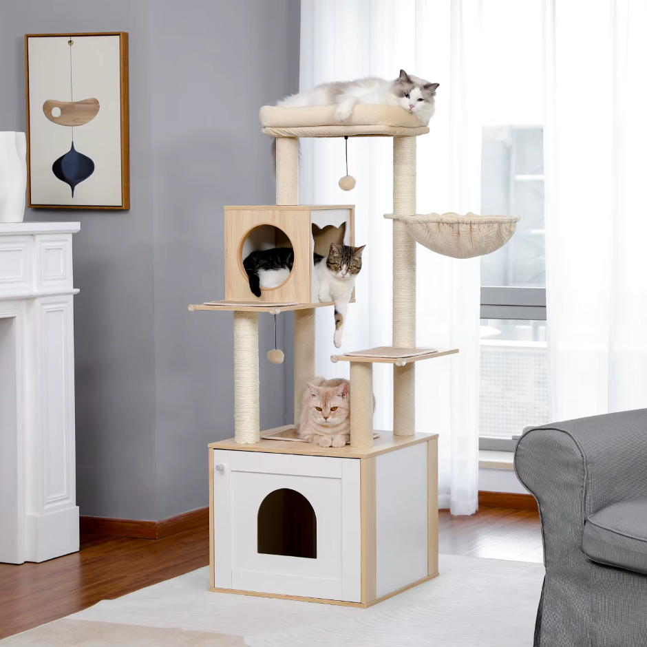 Arbre à chat en bois avec niche fermée et hamac 144 cm