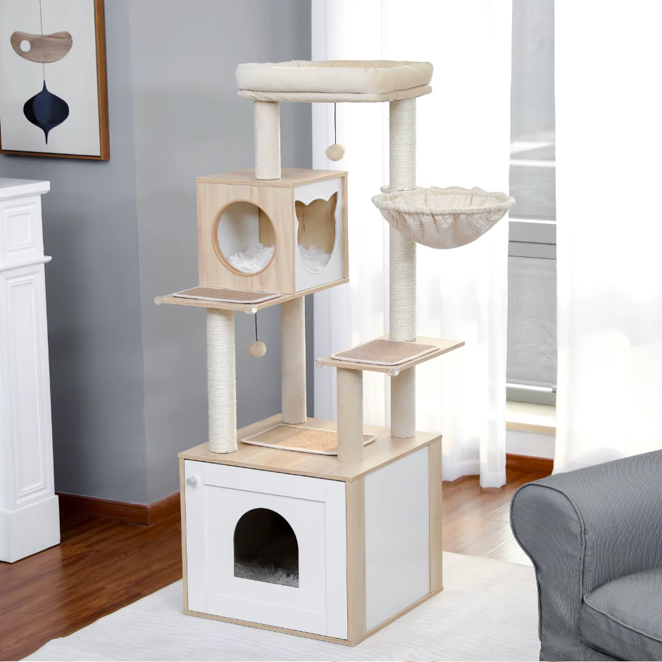 Arbre à chat en bois avec niche fermée et hamac 144 cm