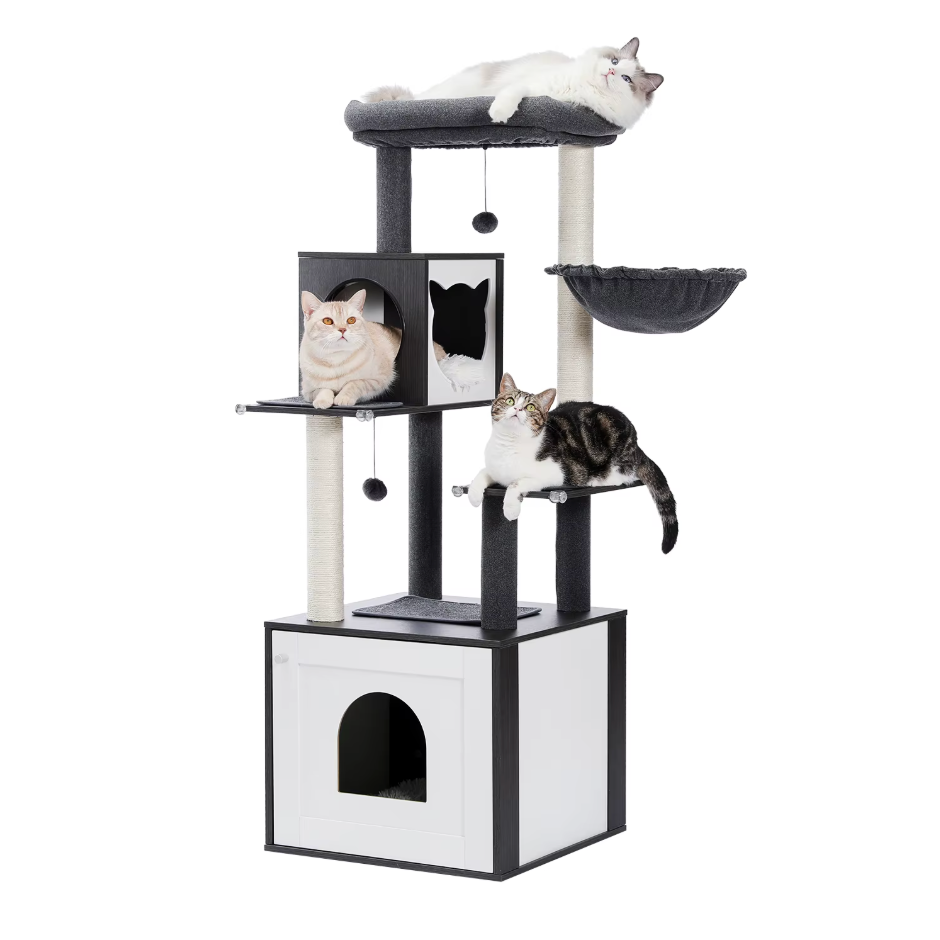 Arbre à chat en bois avec niche fermée et hamac 144 cm