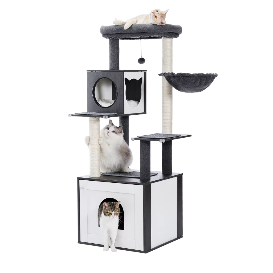 Arbre à chat en bois avec niche fermée et hamac 144 cm