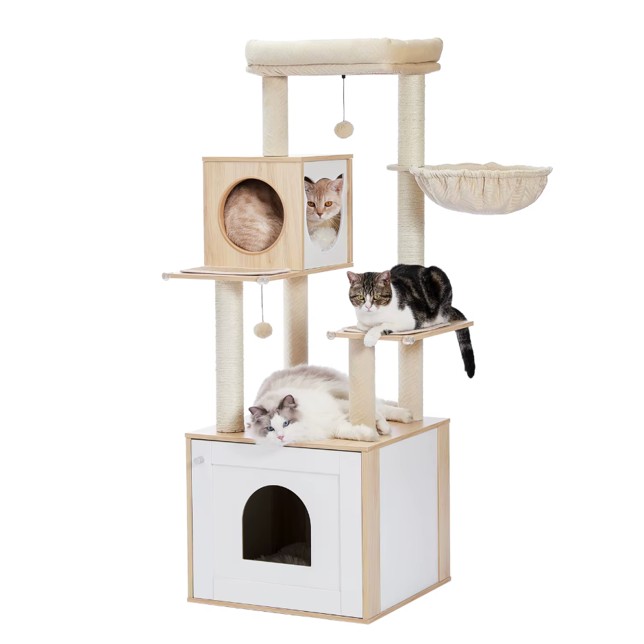 Arbre à chat en bois avec niche fermée et hamac 144 cm