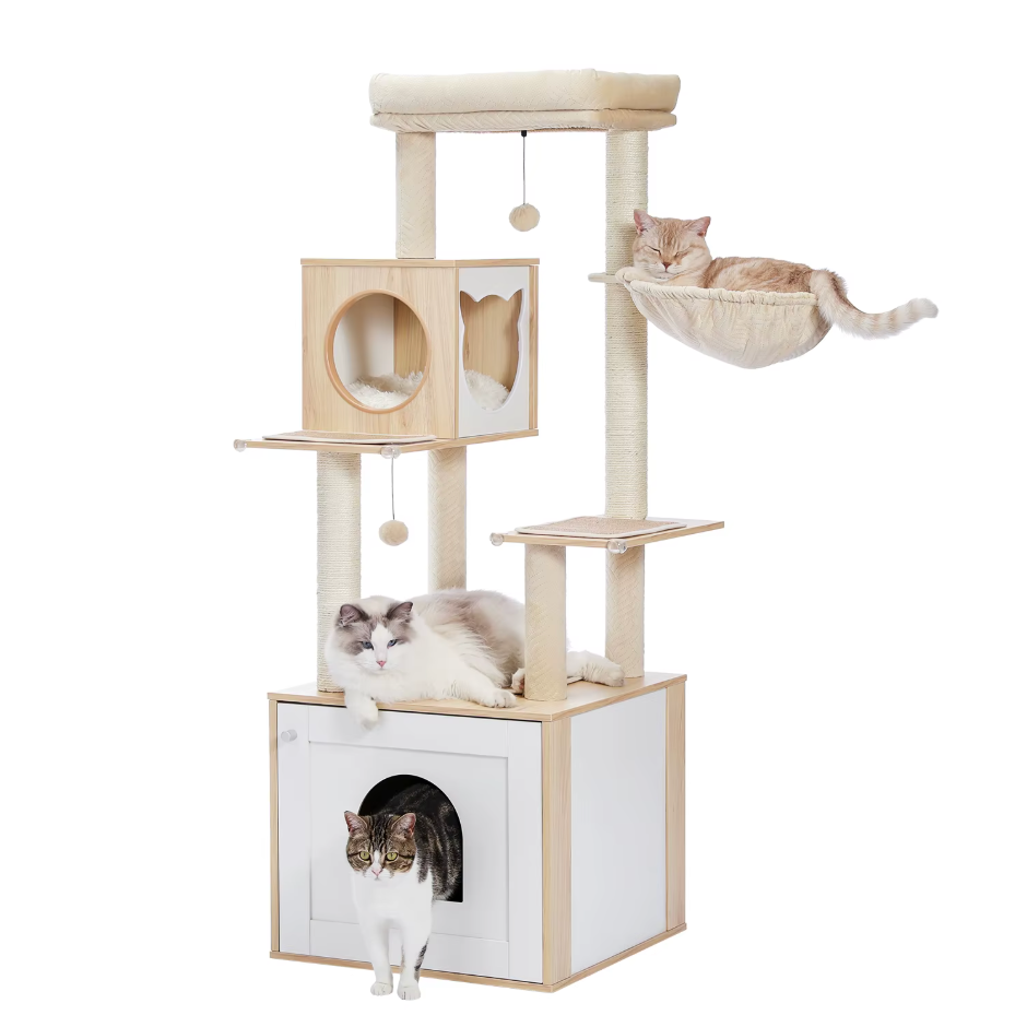 Arbre à chat en bois avec niche fermée et hamac 144 cm
