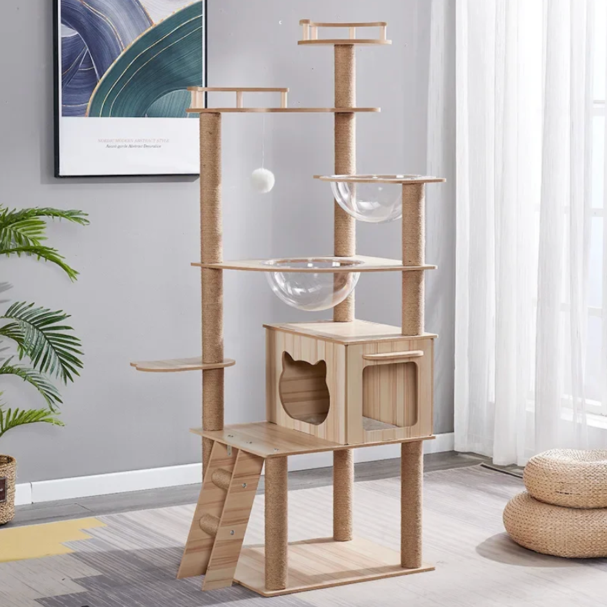 Arbre à chat en bois multi-niveaux avec niche et hamacs transparents 170 cm