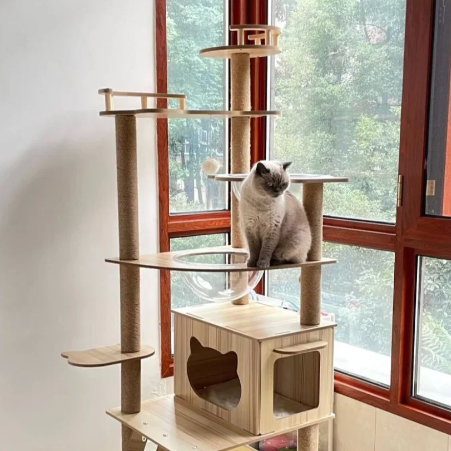 Arbre à chat en bois multi-niveaux avec niche et hamacs transparents 170 cm