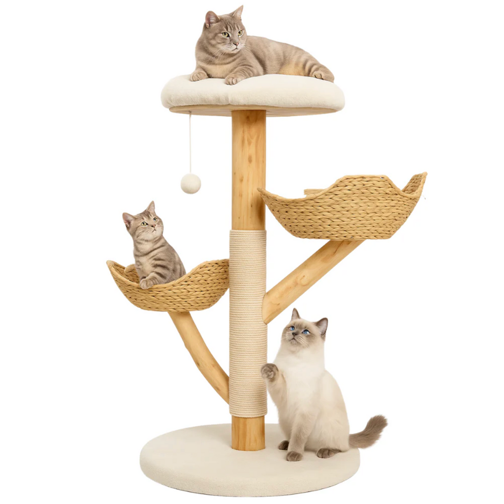 Arbre à chat en bois avec paniers tressés et plateforme 111 cm