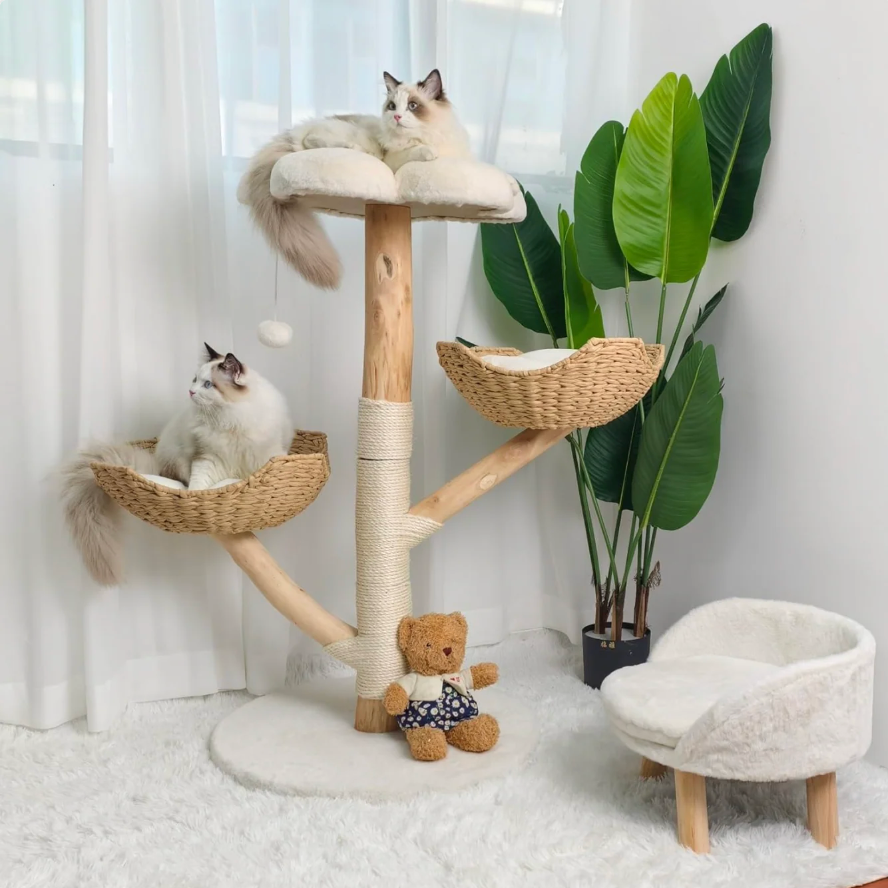 Arbre à chat en bois avec paniers tressés et plateforme 111 cm