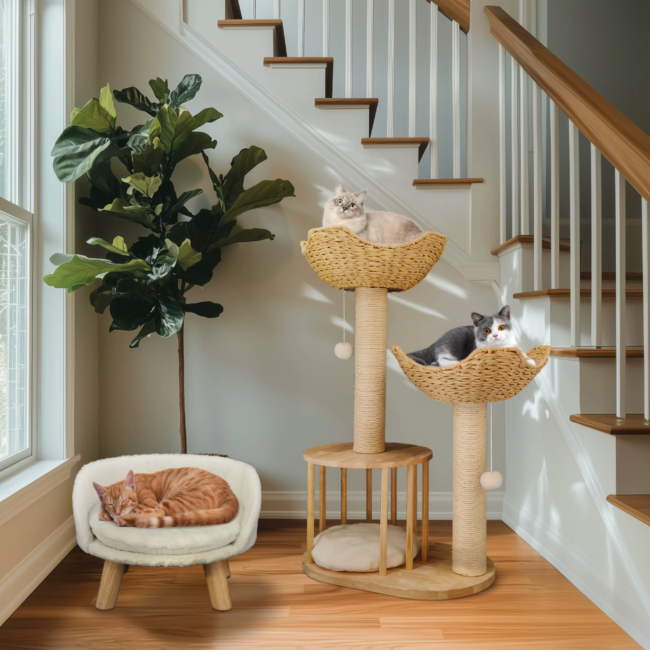 Arbre à chat en bois avec paniers tressés et griffoir en sisal 111 cm