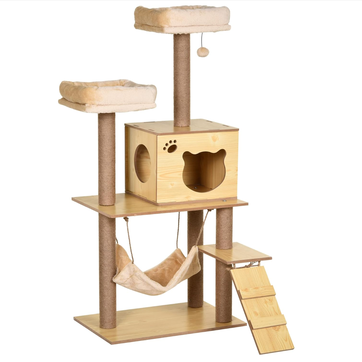 Arbre à chat en bois avec niche, hamac et échelle 130 cm