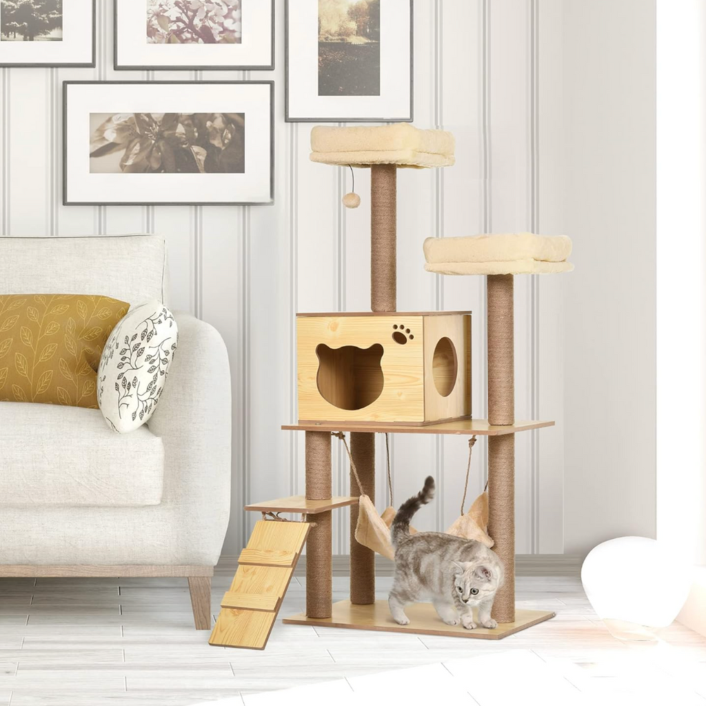 Arbre à chat en bois avec niche, hamac et échelle 130 cm