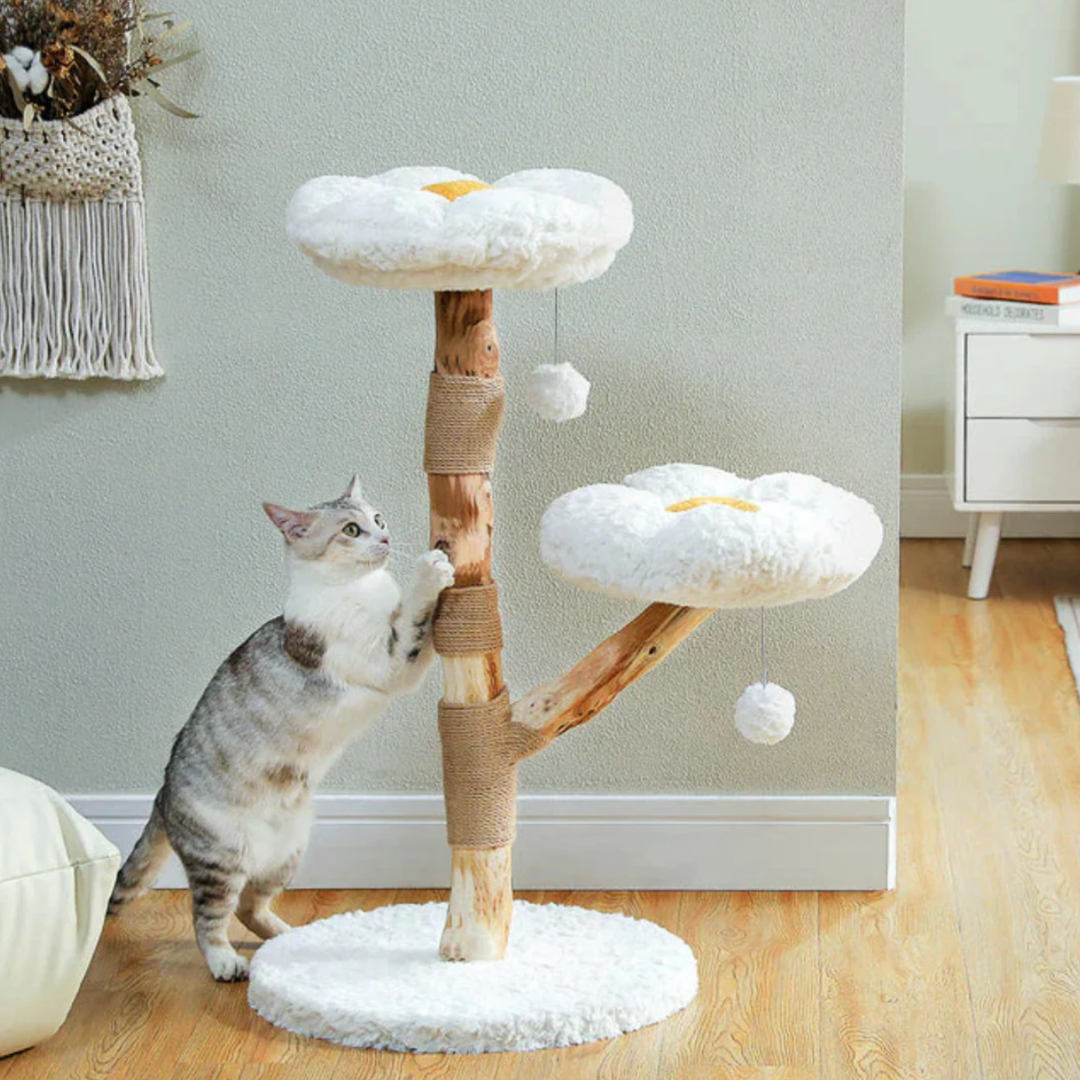 Arbre à chat en bois 90 cm, 2 plateformes rondes, poteaux en sisal