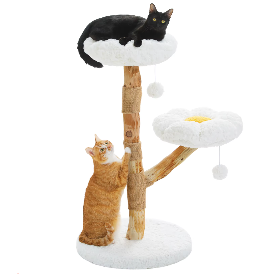 Arbre à chat en bois 90 cm, 2 plateformes rondes, poteaux en sisal