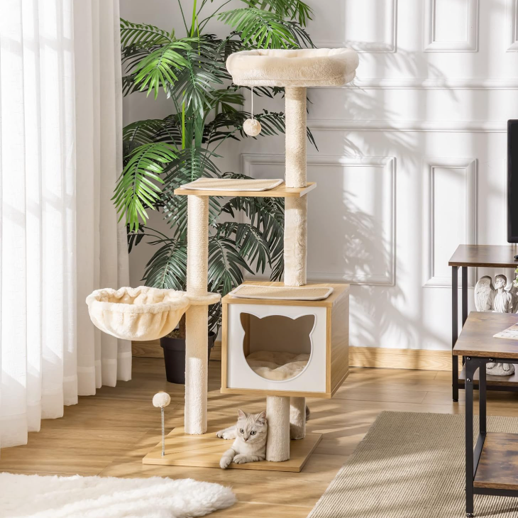 Arbre à chat en bois avec niche, hamac et plateformes 126 cm