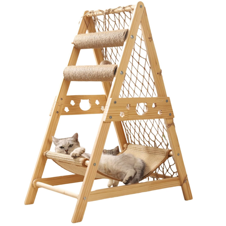 Arbre à chat triangulaire en bois avec filet d’escalade et hamac 85 cm