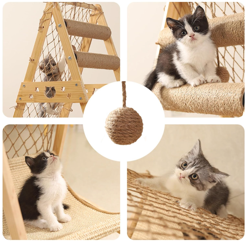 Arbre à chat triangulaire en bois avec filet d’escalade et hamac 85 cm