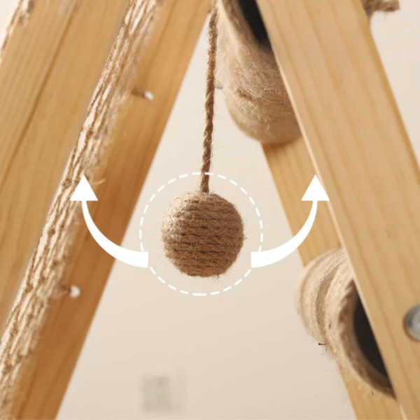 Arbre à chat triangulaire en bois avec filet d’escalade et hamac 85 cm