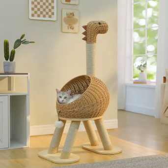 Arbre à chat dinosaure en rotin avec coussin et poteaux en sisal 116 cm