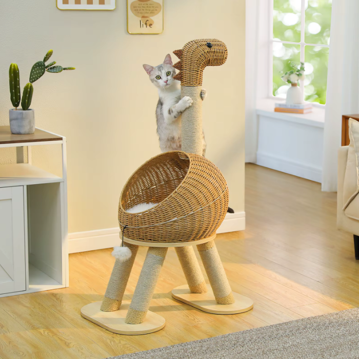 Arbre à chat dinosaure en rotin avec coussin et poteaux en sisal 116 cm