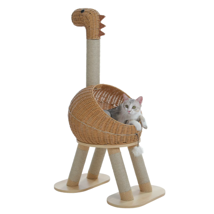 Arbre à chat dinosaure en rotin avec coussin et poteaux en sisal 116 cm