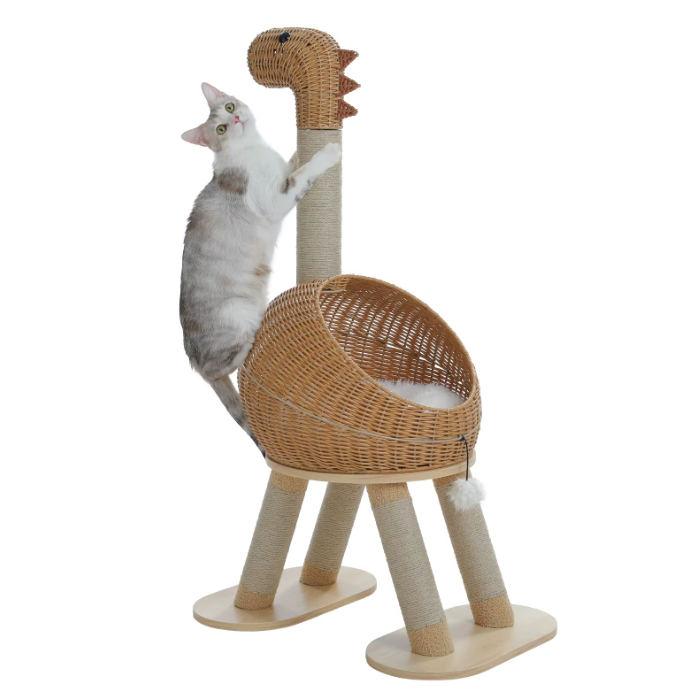 Arbre à chat dinosaure en rotin avec coussin et poteaux en sisal 116 cm