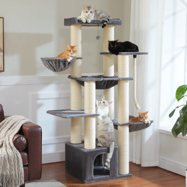 Arbre à chat multi-niveaux 170 cm avec niche, hamacs et poteaux en sisal